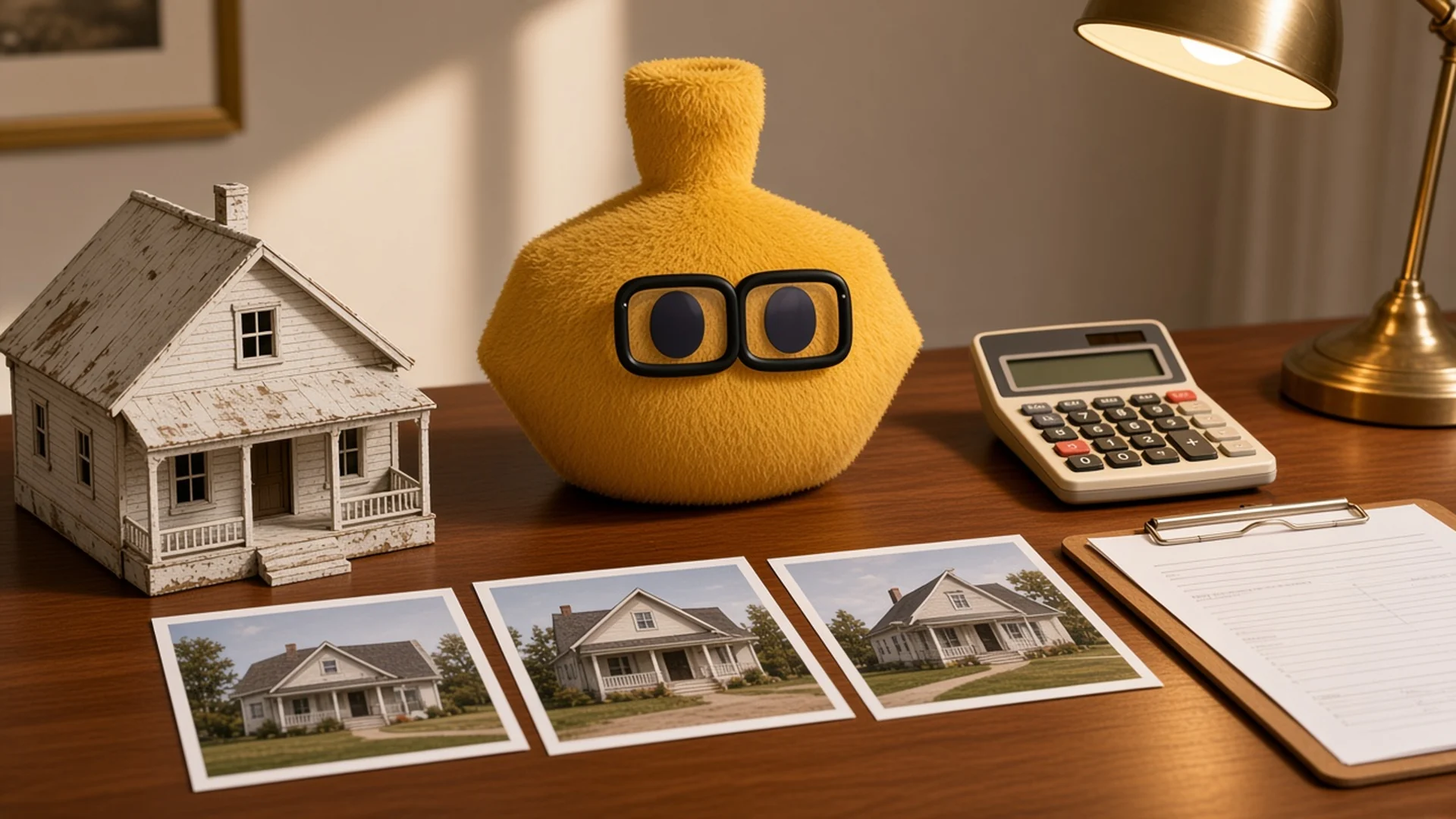 Underwriter with comps, a calculator, and a model house